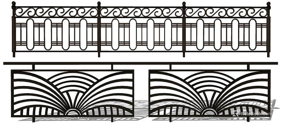 Ornate Fence Design With Curved Ornamental Patterns Vertical Slats And Fan Shaped Gates 3d model 