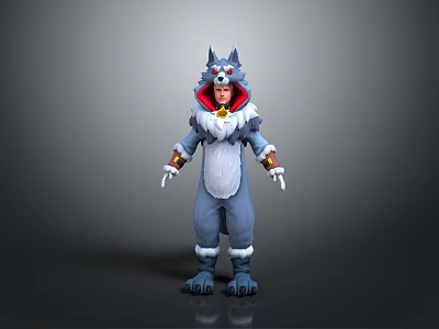 Gray Wolf Themed Game And Movie Character With Red Lining White Fur And Yellow Accessories Standing Pose 3d model