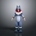 Gray Wolf Themed Game And Movie Character With Red Lining White Fur And Yellow Accessories Standing Pose