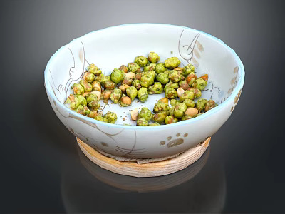 Fresh Green Peas in White Patterned Bowl Placed on Bamboo Mat 3d model