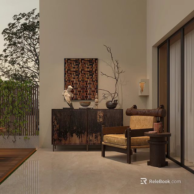 Distressed Wooden Entryway And Side Cabinets With Beige Armchair Geometric Art Dried Branch And Greenery 3d model 