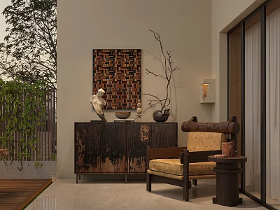 Distressed Wooden Entryway And Side Cabinets With Beige Armchair Geometric Art Dried Branch And Greenery 3d model