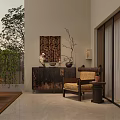Distressed Wooden Entryway And Side Cabinets With Beige Armchair Geometric Art Dried Branch And Greenery