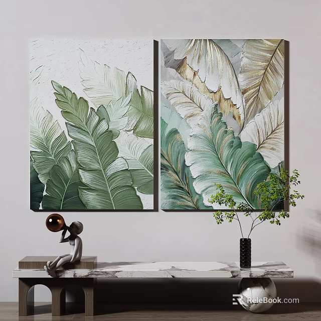 Green Gold Leaf Wall Art Decor With Sculpture And Potted Plant For Interior 3d model 