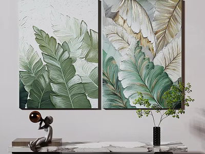 Green Gold Leaf Wall Art Decor With Sculpture And Potted Plant For Interior 3d model