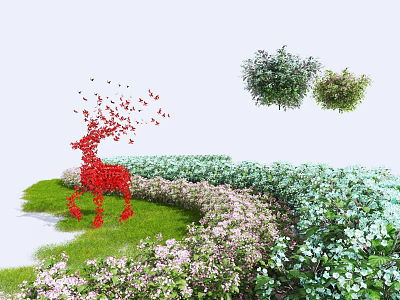 Green And Pink Flowering Bushes In Garden With Red Deer Sculpture Grass And Flowers 3d model