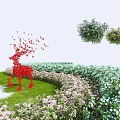 Green And Pink Flowering Bushes In Garden With Red Deer Sculpture Grass And Flowers