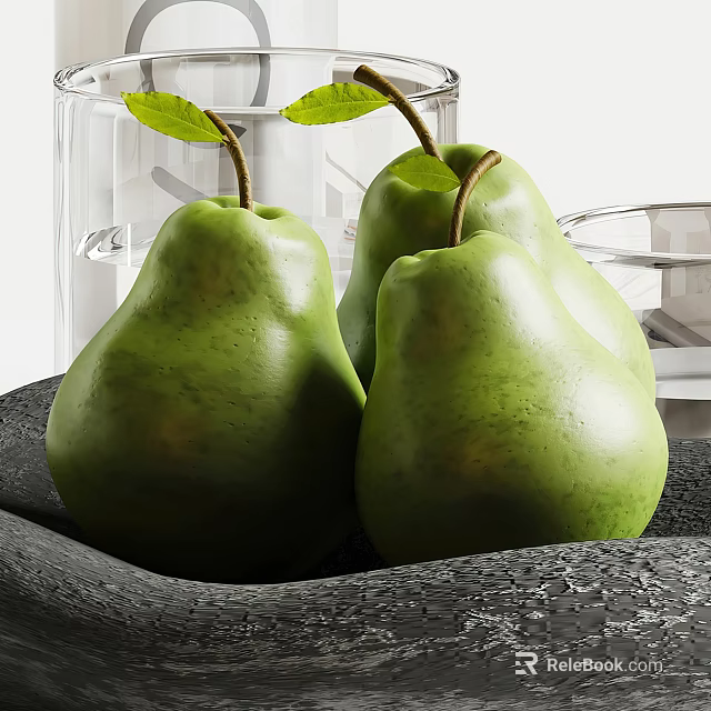 Fresh Green Pears Arranged On Dark Fabric With Glass Containers In Background 3d model 