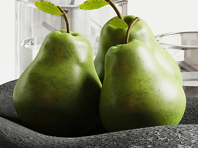Fresh Green Pears Arranged On Dark Fabric With Glass Containers In Background 3d model