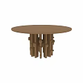 Round Wooden Dining Table with Unique Leg Design Featuring Wooden Posts and Circular Decorative Elements 3d model