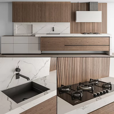 Modern Kitchen Interior Featuring Wooden Cabinets Marble Countertops Black Sink Faucet And Gas Stove 3d model