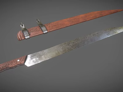 Antique Long Blade Weapon With Brown Leather Sheath Metal Buckles And Decorative Blade Patterns 3d model