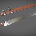 Antique Long Blade Weapon With Brown Leather Sheath Metal Buckles And Decorative Blade Patterns