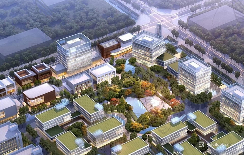 Modern Industrial Factory Park With Green Landscaping And Modern Buildings 3d model 