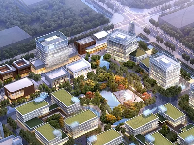 Modern Industrial Factory Park With Green Landscaping And Modern Buildings 3d model