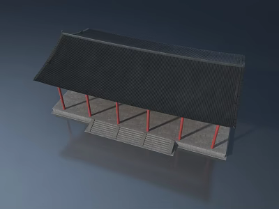 Traditional Building With Black Roof Red Pillars Stone Steps And Swing Door 3d model