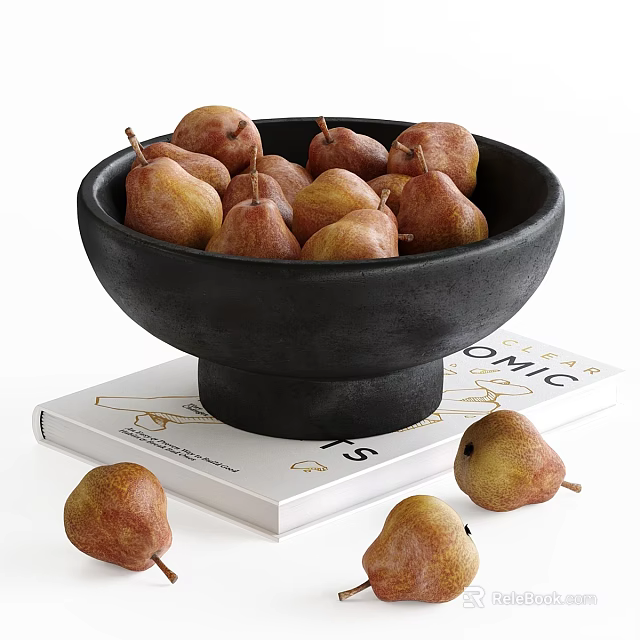 Decorative Ornament Set With Black Bowl Filled With Pears On White Book And Scattered Pears 3d model 