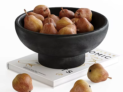 Decorative Ornament Set With Black Bowl Filled With Pears On White Book And Scattered Pears 3d model