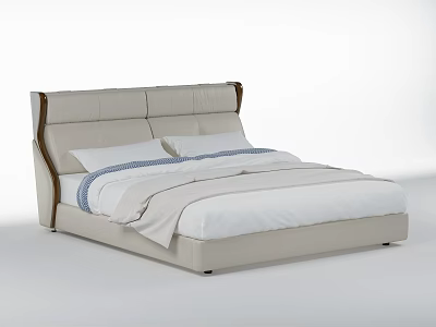 Modern Double Bed With Beige Upholstered Headboard Wooden Accents Blue Striped Pillows And Light Bedding 3d model