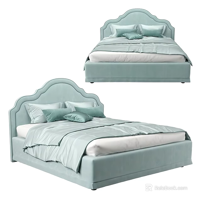 Modern Double Bed Interior Design With Light Blue Curved Headboard And Pillows 3d model 