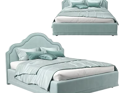 Modern Double Bed Interior Design With Light Blue Curved Headboard And Pillows 3d model
