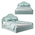 Modern Double Bed Interior Design With Light Blue Curved Headboard And Pillows