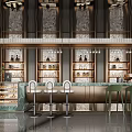Elegant Bar Interior With Marble Counter High Stools And Wine Display Racks
