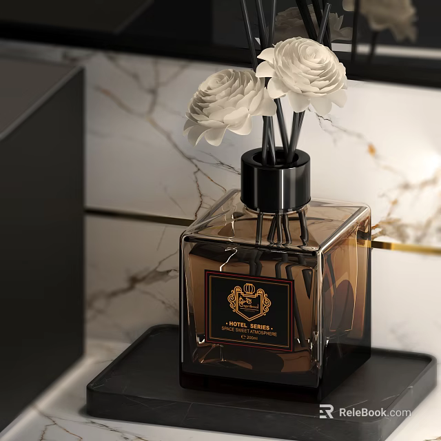 Elegant Brown Square Aroma Diffuser Bottle With White Flowers And Marble Background Lighting 3d model 