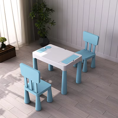 White Top Kids Table with Blue Chairs and Green Plant on Wooden Floor 3d model