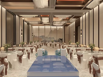 Elegant Banquet Hall With Arranged Tables Chairs Brown Ribbons Blue Runway Landscape Backdrop And Chandeliers 3d model