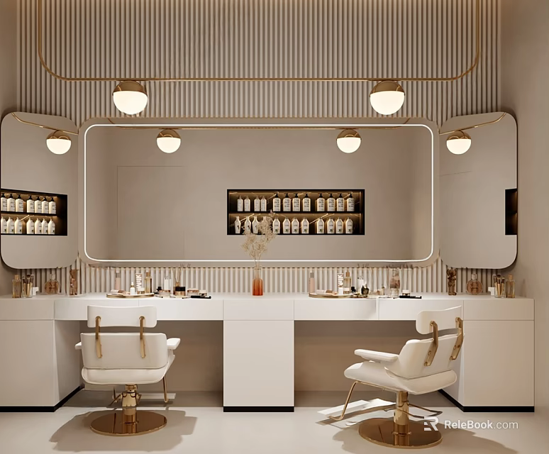 Modern Style Cosmetics Store Interior With White Counters Gold Accents Mirrors And Lighting Fixtures 3d model 