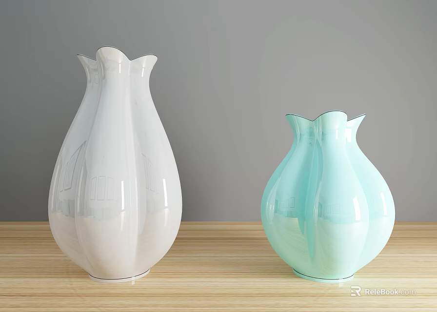 White And Light Blue Ceramic Vases On Wooden Table With Light Gray Background 3d model 