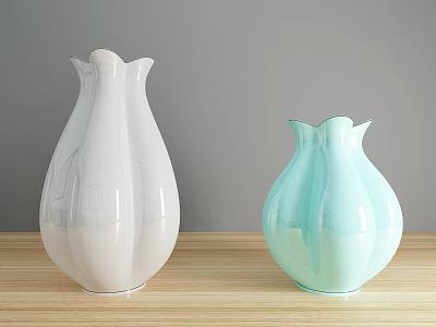 White And Light Blue Ceramic Vases On Wooden Table With Light Gray Background 3d model