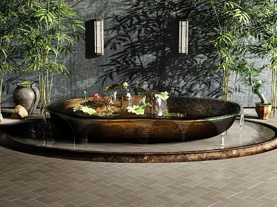 Relaxing Shower Sauna Bathroom With Bamboo Plants Wall Lamps Lotus Bathtub And Tiled Floor 3d model