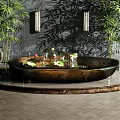 Relaxing Shower Sauna Bathroom With Bamboo Plants Wall Lamps Lotus Bathtub And Tiled Floor