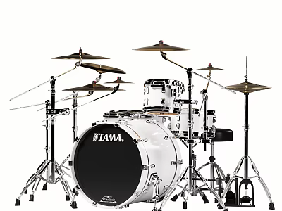 Professional TAMA White Drum Set With Multiple Cymbals And Stands 3d model