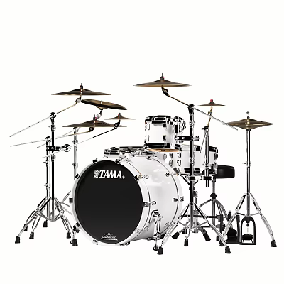 Professional TAMA White Drum Set With Multiple Cymbals And Stands 3d model
