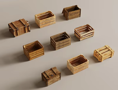 Various Styles Of Wooden Crates With Rustic Design And Different Sizes 3d model
