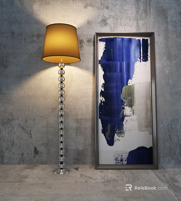 Floor Lamp With Transparent Bead Base Yellow Lampshade Beside Abstract Painting On Gray Textured Wall 3d model 
