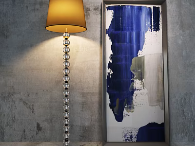 Floor Lamp With Transparent Bead Base Yellow Lampshade Beside Abstract Painting On Gray Textured Wall 3d model