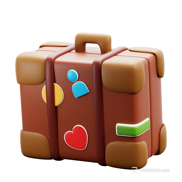 Vintage Brown Suitcase Decorated with Blue Person Yellow Circle Red Heart and Green Rectangle Stickers 3d model 
