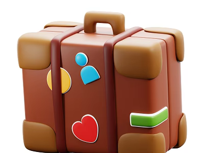 Vintage Brown Suitcase Decorated with Blue Person Yellow Circle Red Heart and Green Rectangle Stickers 3d model