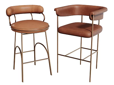 Two Brown Leather Bar Stools With Metal Frame And Modern Design 3d model