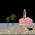 Pink Detached Villa by the Seaside with Two Palm Trees and Red Lighthouse Near Ocean