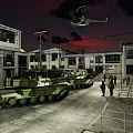 Military Soldiers On Urban Street With Buildings Helicopter Red Sky And GARAGE Sign
