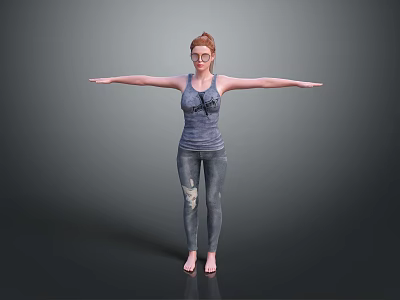 Child Standing With Arms Outstretched In Gray Tank Top And Ripped Jeans Against Gray Background 3d model