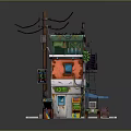 Colorful Multi Story Small Building With Utility Pole Power Lines Green Vines And Staircase