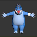 Cartoon Blue Game Movie Character With Purple Horns Open Arms Sticking Tongue And White Wrist Bandages