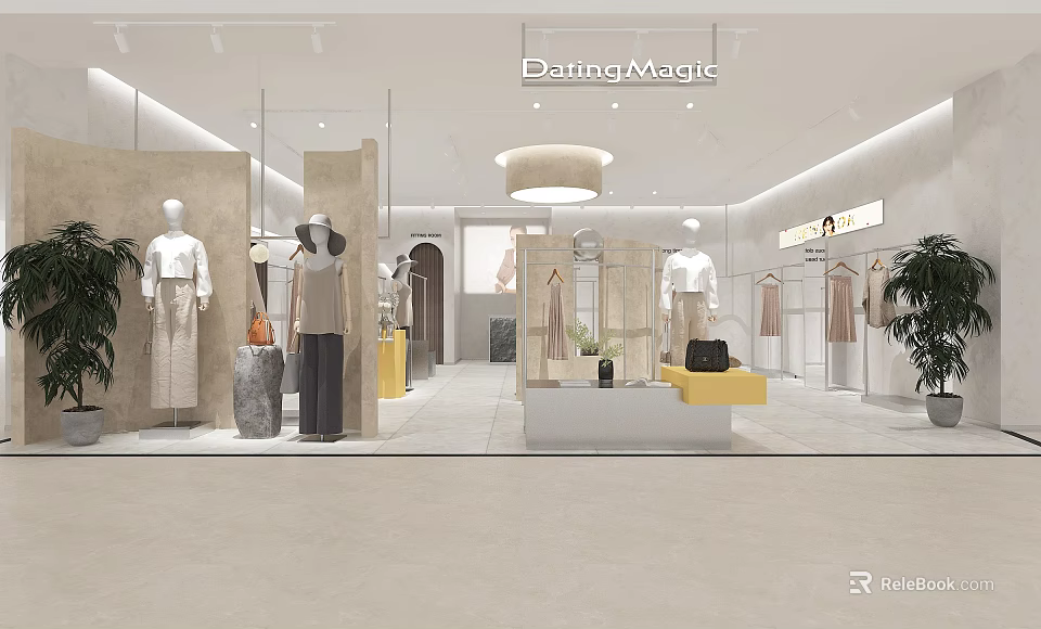 Modern Clothing Store Interior Design With Stylish Mannequins Clothing Displays And Decorative Plants 3d model 