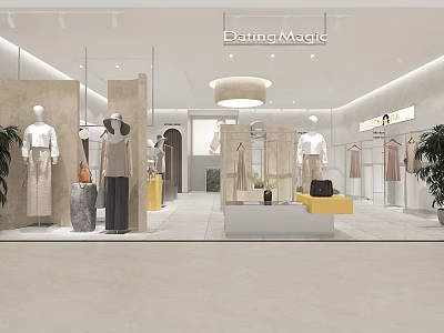 Modern Clothing Store Interior Design With Stylish Mannequins Clothing Displays And Decorative Plants 3d model